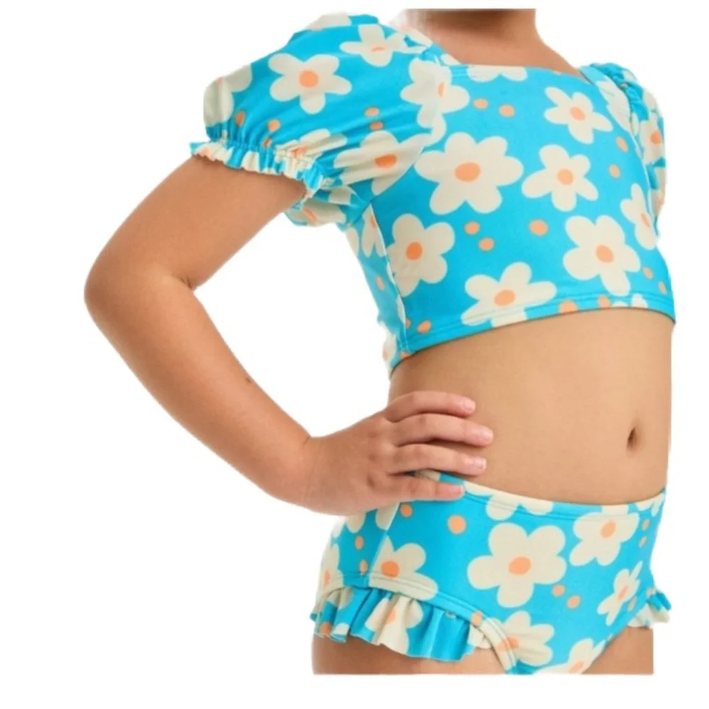 Cat & Jack Girls' Puff Sleeve Crop Top Bikini Set Blue Floral Size 4